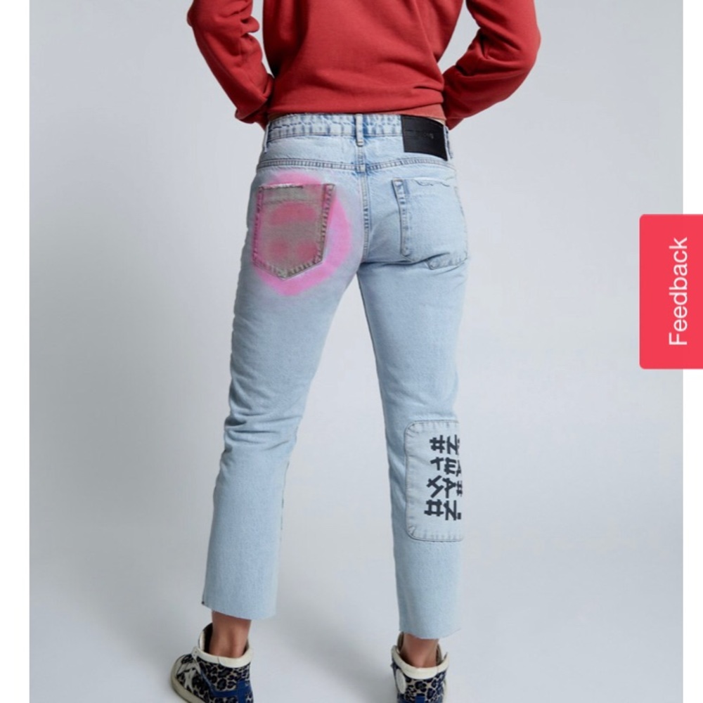 CIRCUS BLUE GRAFFITI TRUCKERS LOW WAIST STRAIGHT LEG JEANS